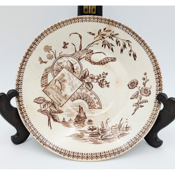 Antique New Wharf Pottery Tennyson Saucers Plates 2 Brown White Transferware 6" - Picture 2 of 12